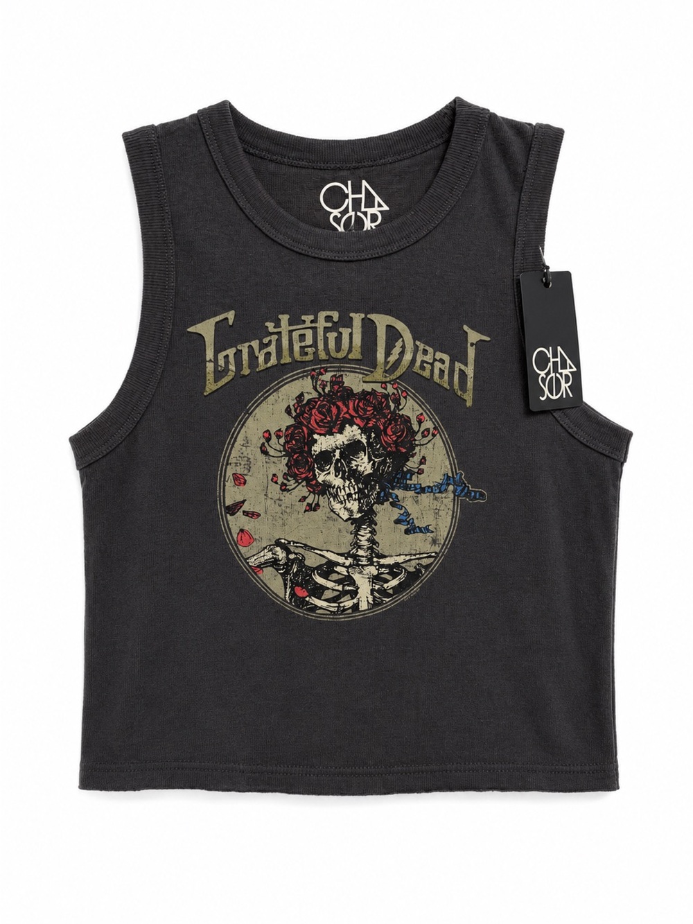 Chaser Black Grateful Dead Graphic Tank with Red Rose Accents NWT